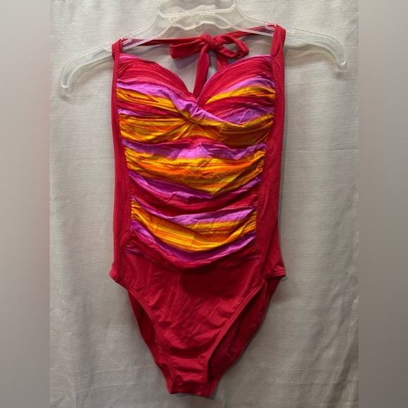 La Blanca Red Multicolor Ruched Padded Halter One Piece Swimsuit Sz 12 - Picture 1 of 7